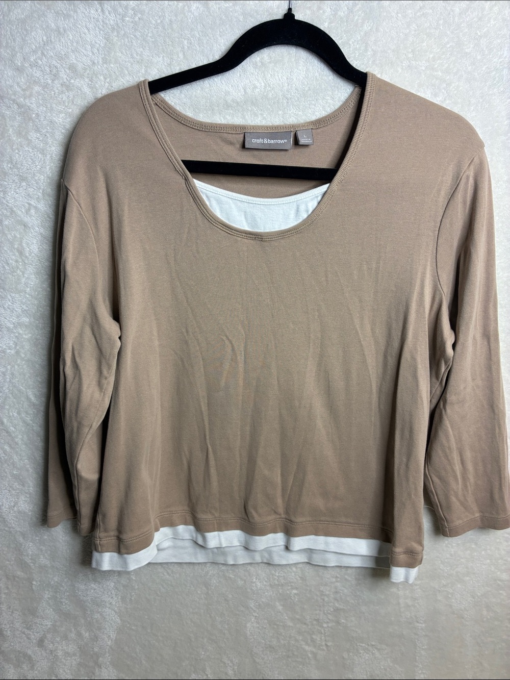croft & barrow Taupe Layered-Look Long Sleeve Top with White Hem